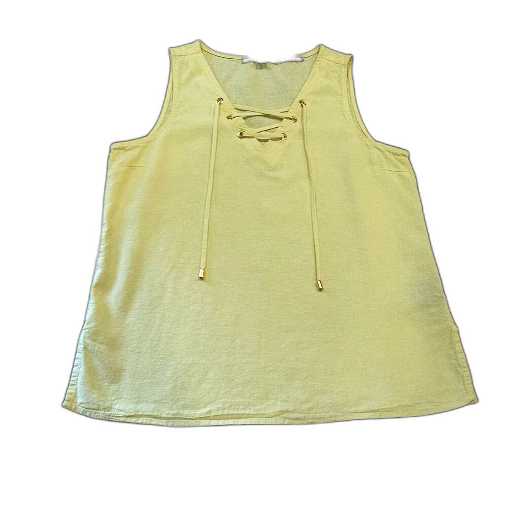 Harve Benard Women's Linen Cotton tank top M sleeveless blouse yellow V-neck